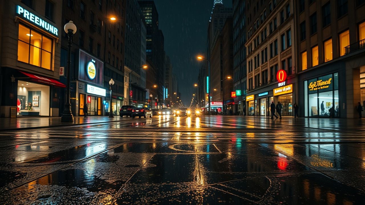 Ornate Street Reflections Lights in the Rain