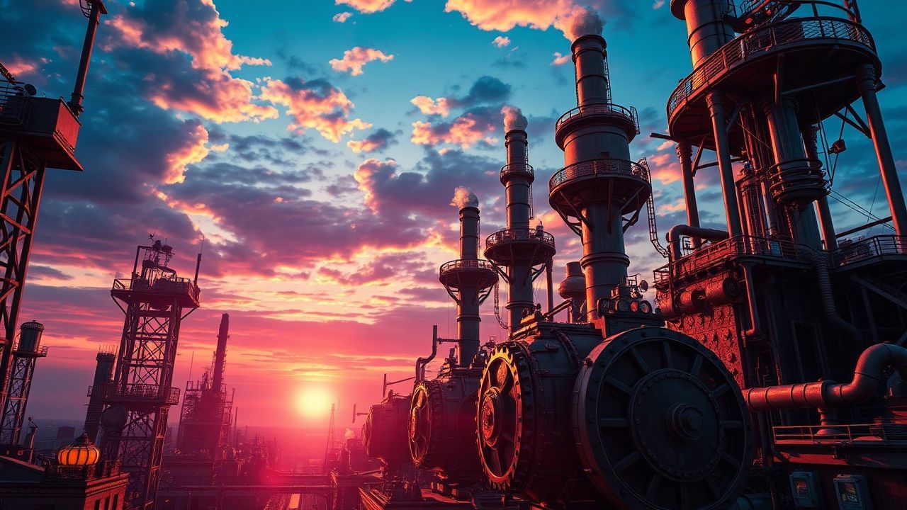 Wondrous Steampunk City Brass at Sunset