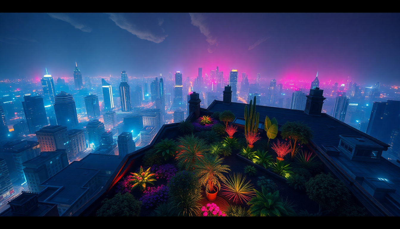 Tranquil Rooftop Garden Oasis by Night