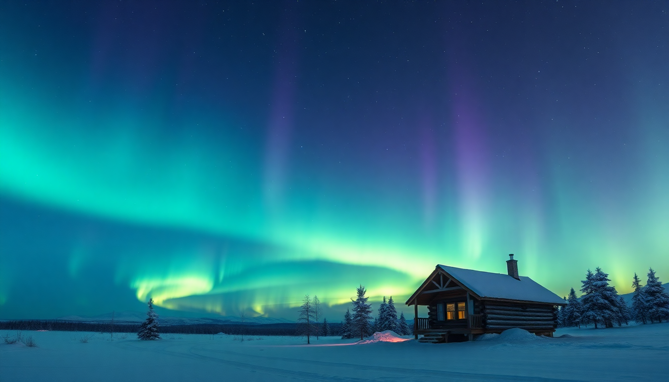 Vivid Northern Lights Cabin in Winter