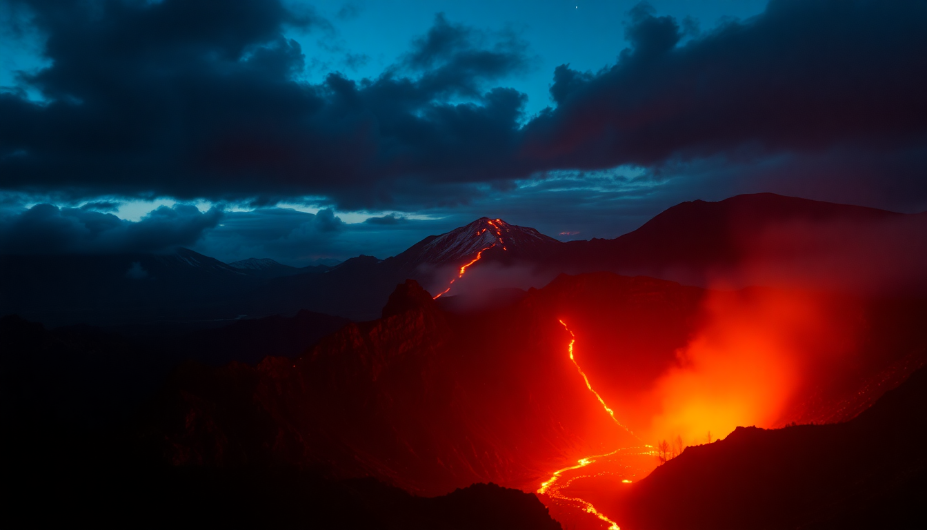 Enchanting Volcanic Eruption Lava by Night