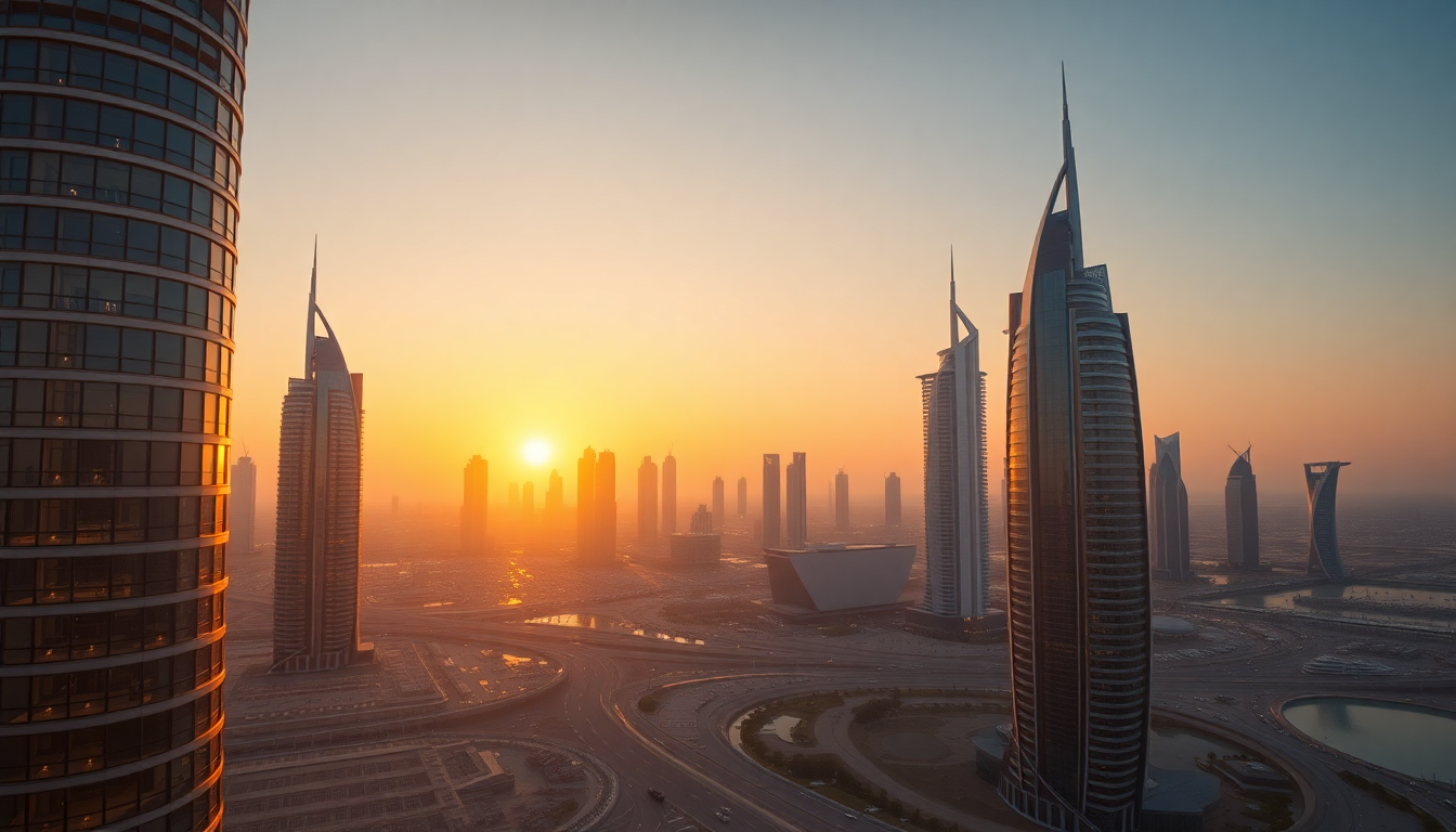 Stunning Dubai Futuristic Towers at Sunset