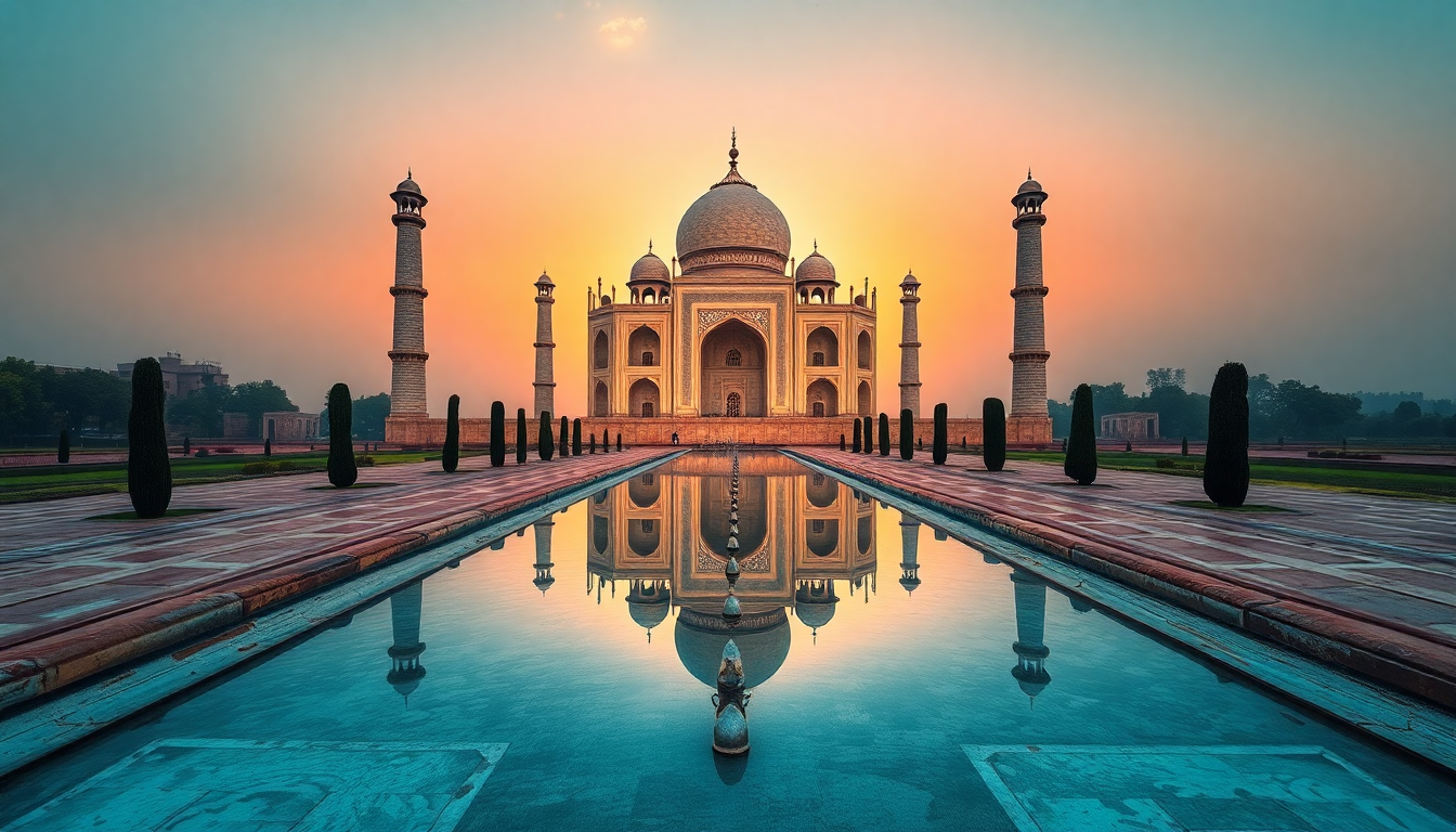 Ethereal Taj Mahal Symmetry at Sunrise