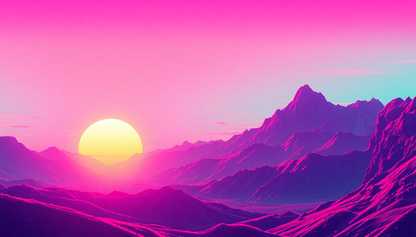 Sprawling Vaporwave Grid Mountains at Sunset