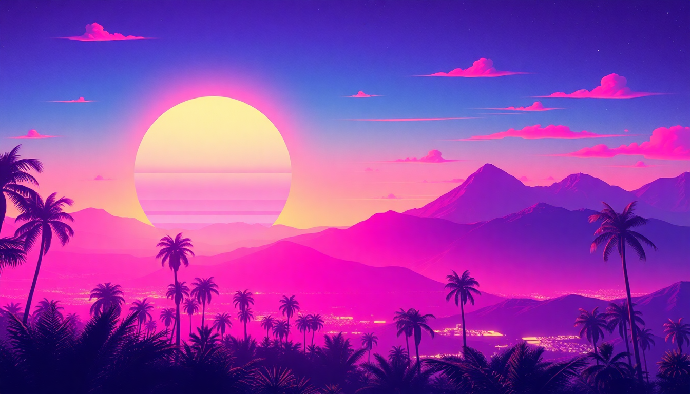 Verdant Synthwave Grid Mountains at Sunset