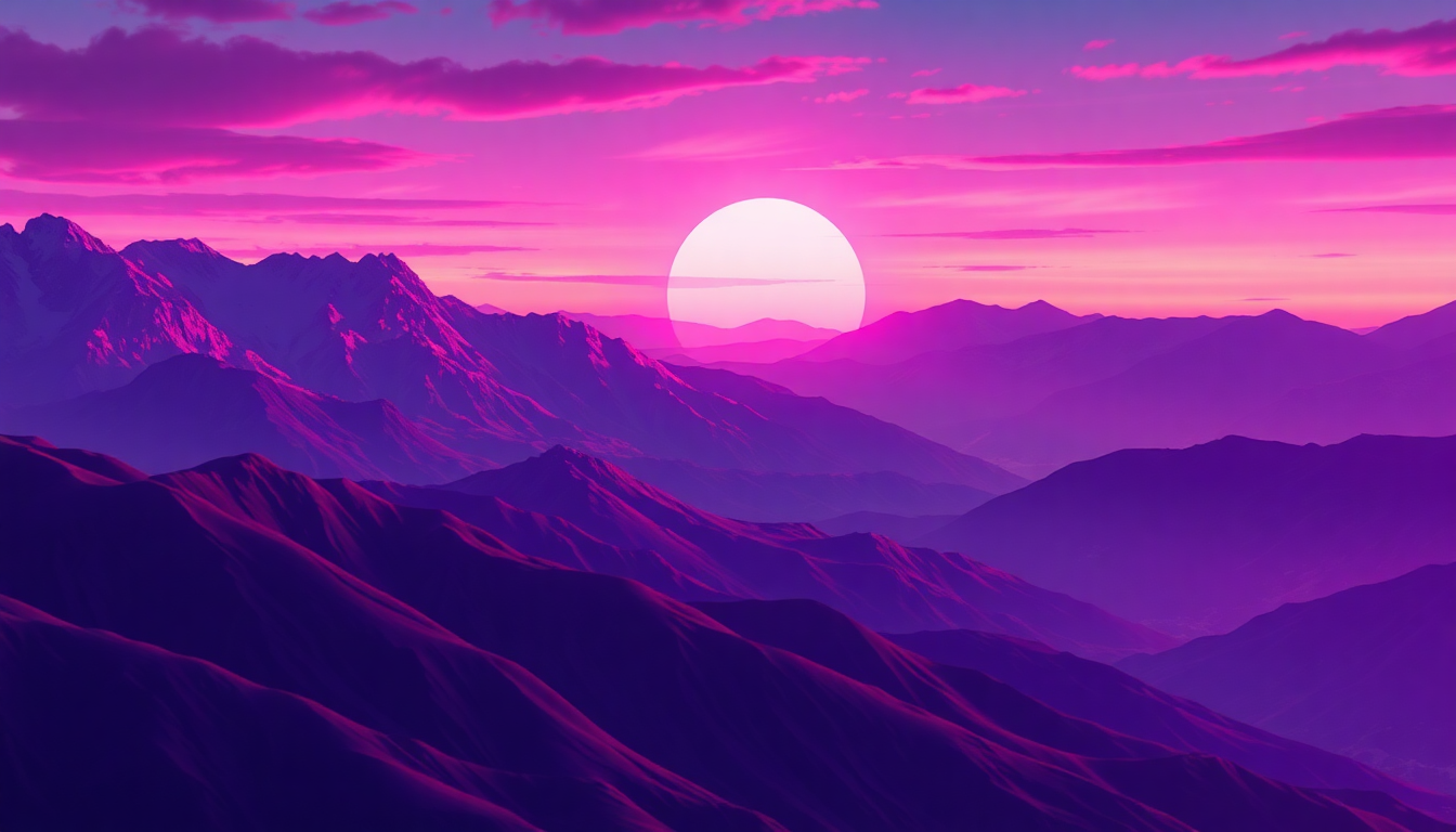 Sweeping Vaporwave Grid Mountains at Sunset