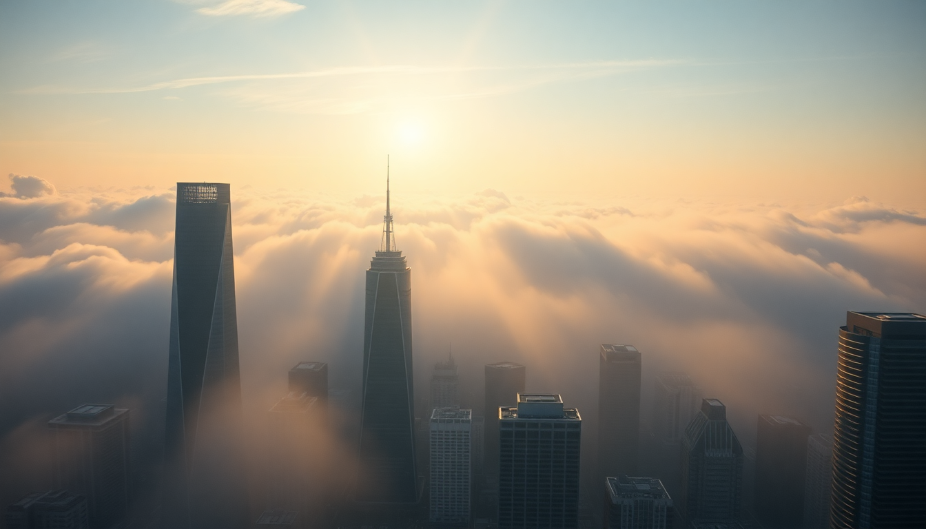 Exquisite City Skyscrapers Emerging in the Mist