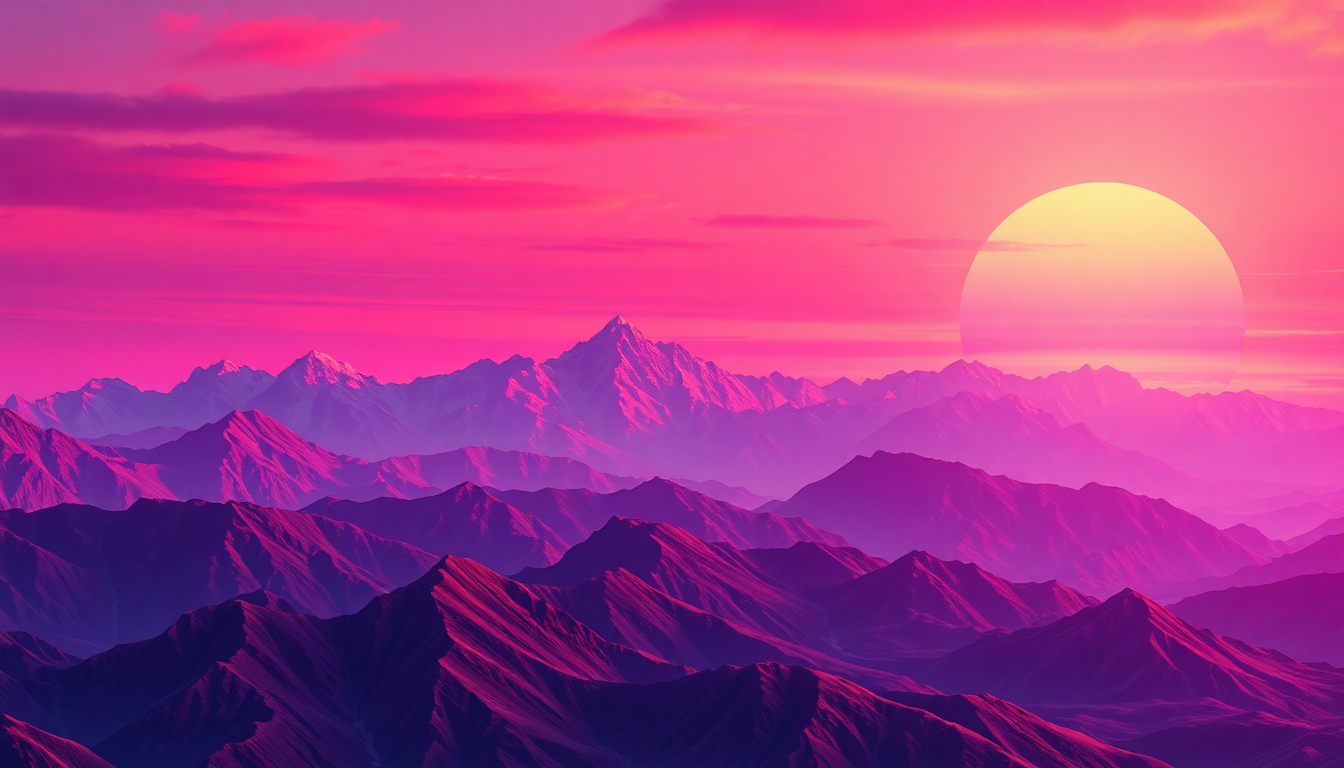 Towering Vaporwave Grid Mountains at Sunset