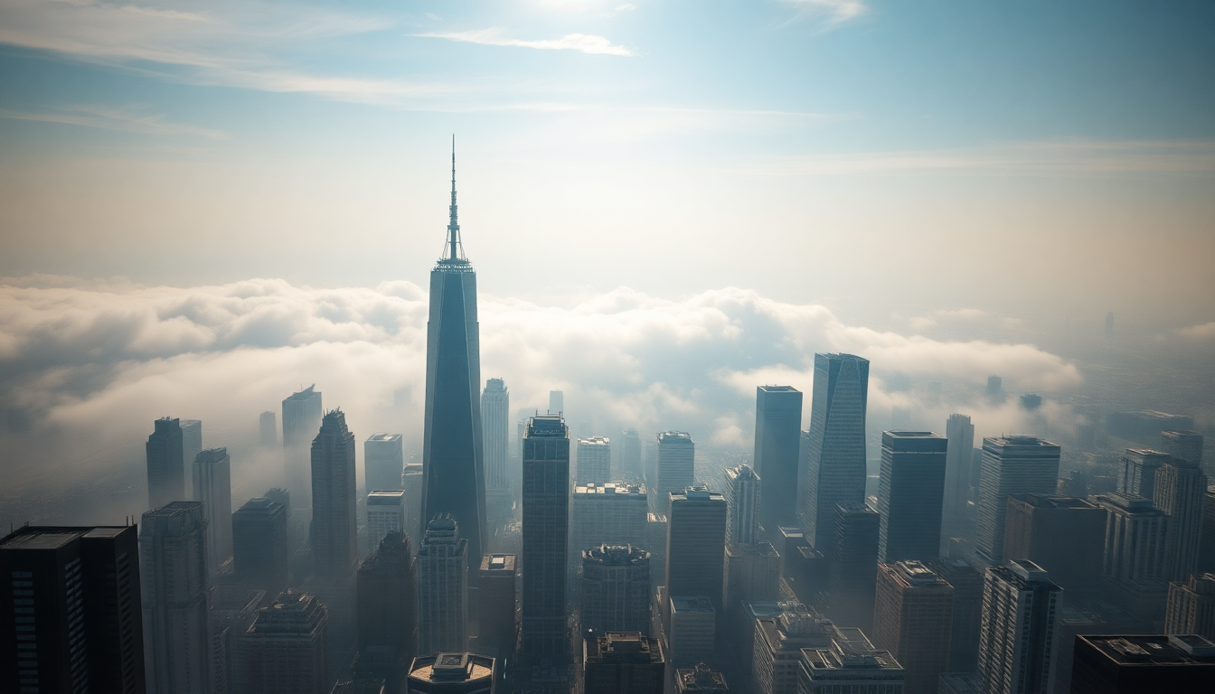 Vivid City Skyscrapers Emerging in the Mist