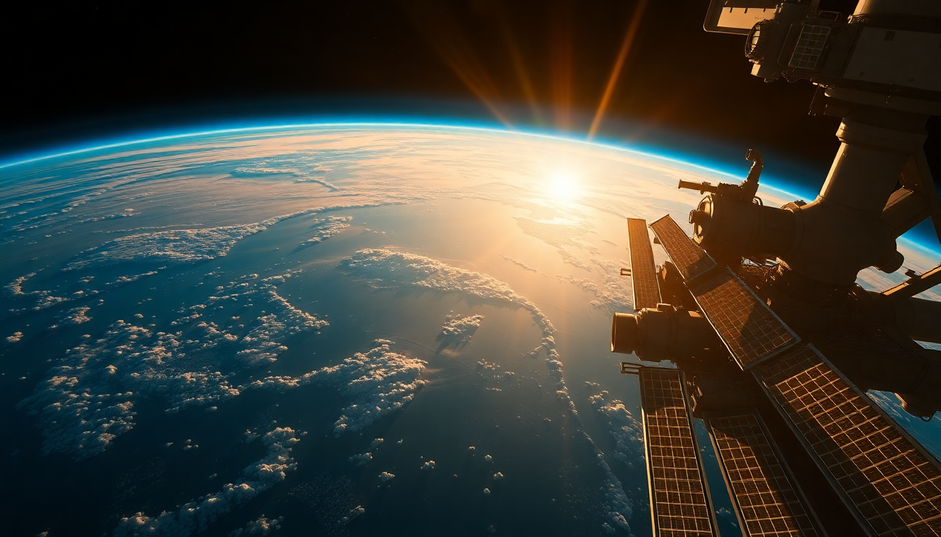 Enchanting Space Station Orbiting at Sunrise