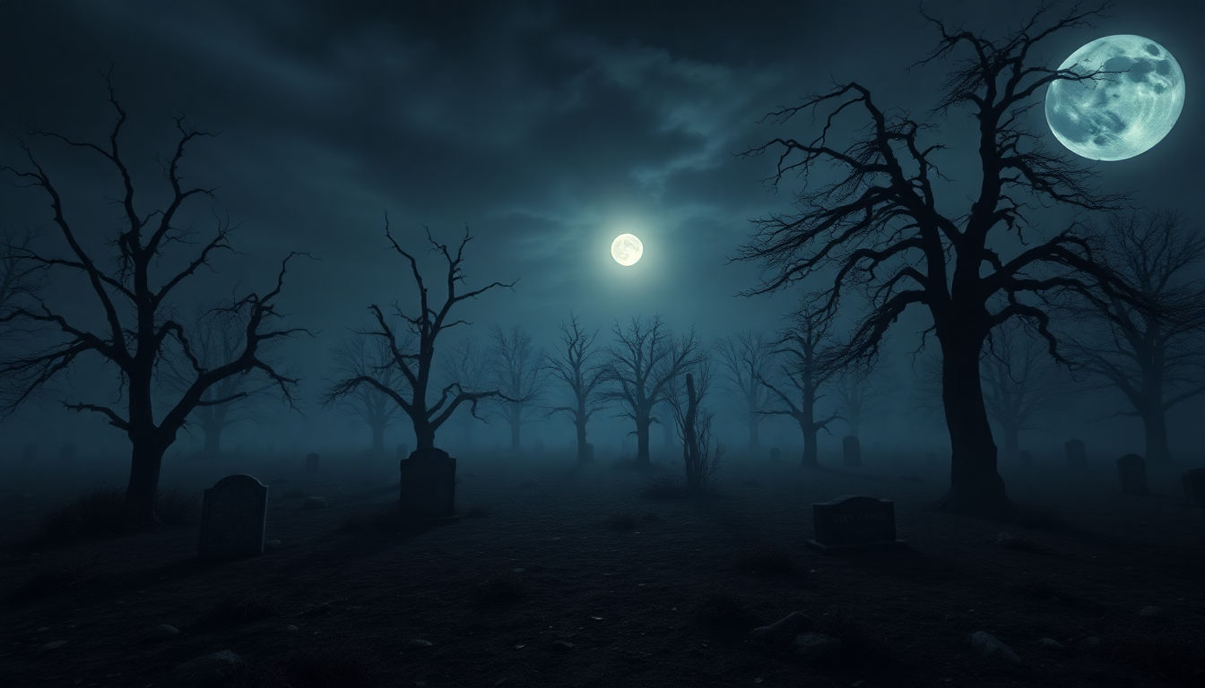 Alluring Graveyard Full Moon in the Mist