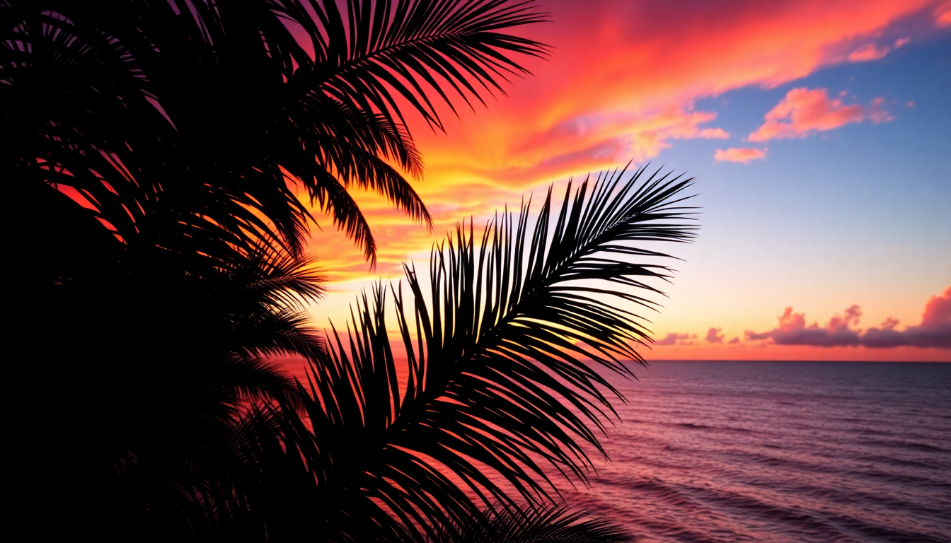 Delicate Palm Silhouettes Orange at Sunset