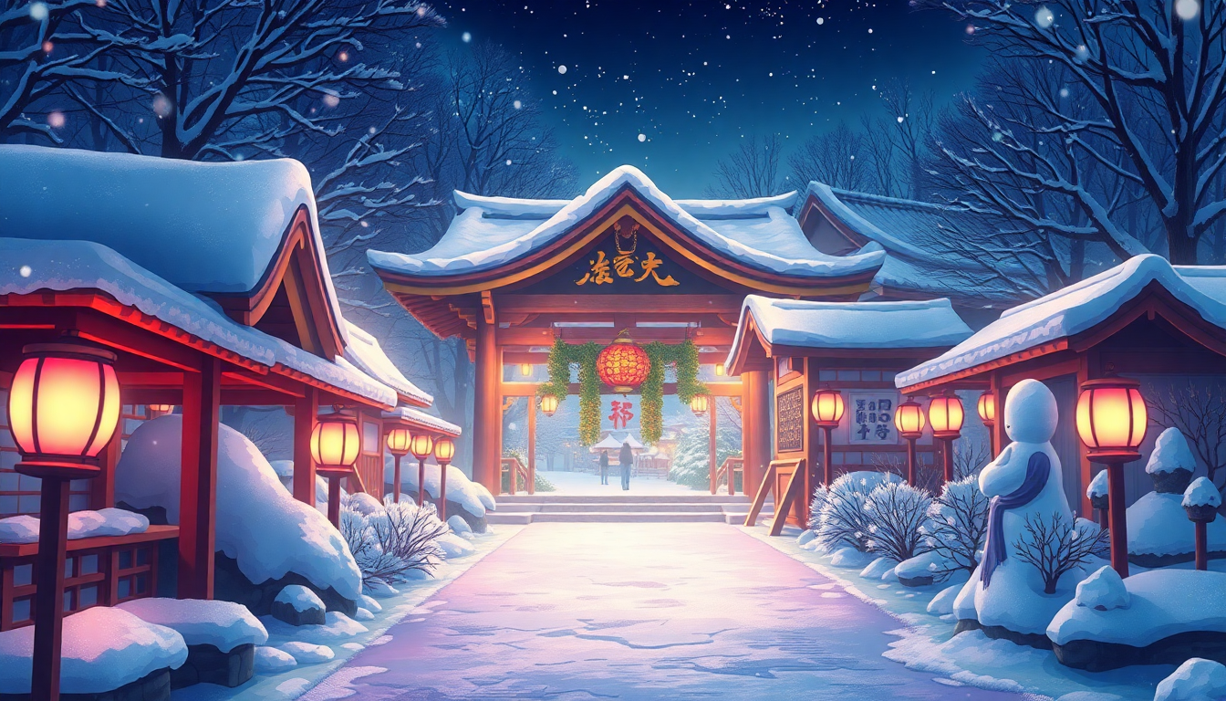 Shimmering Shrine Lanterns Anime in Winter