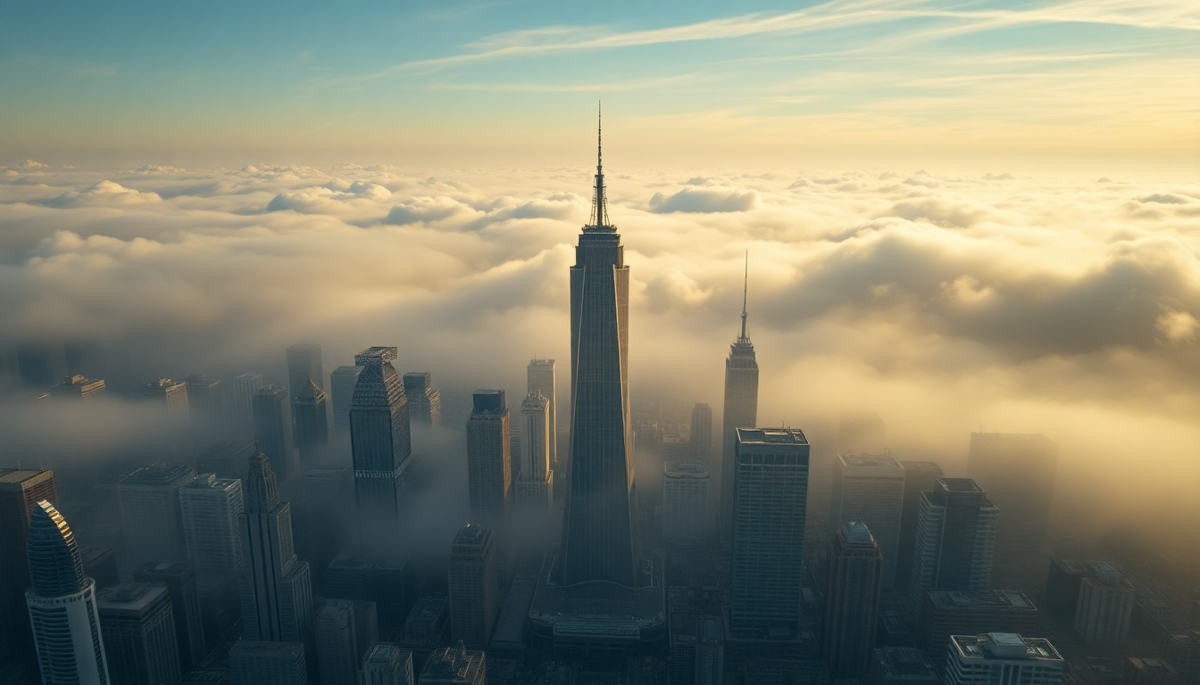 Enchanted City Skyscrapers Emerging in the Mist