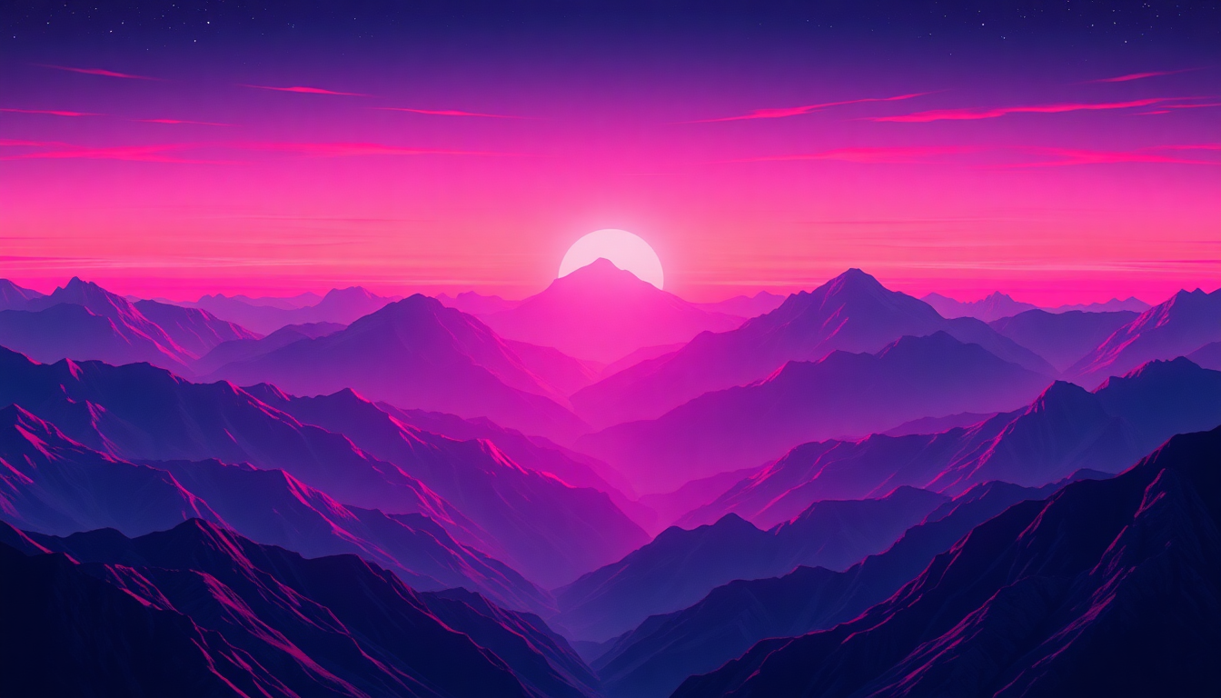 Exquisite Vaporwave Grid Mountains at Sunset