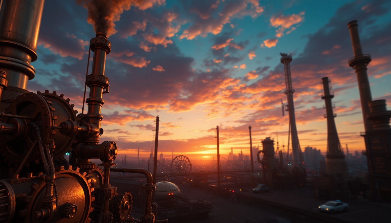 Luminous Steampunk City Brass at Sunset