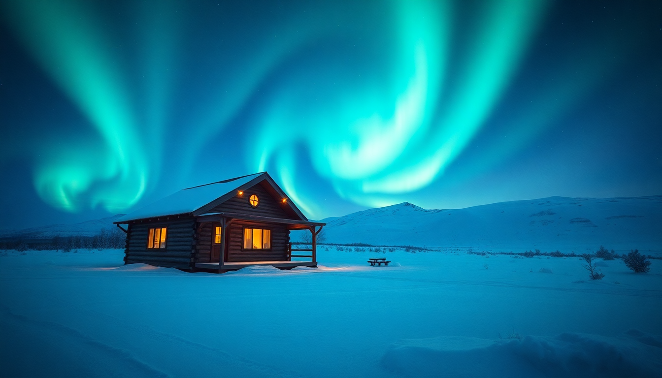 Vibrant Northern Lights Cabin in Winter