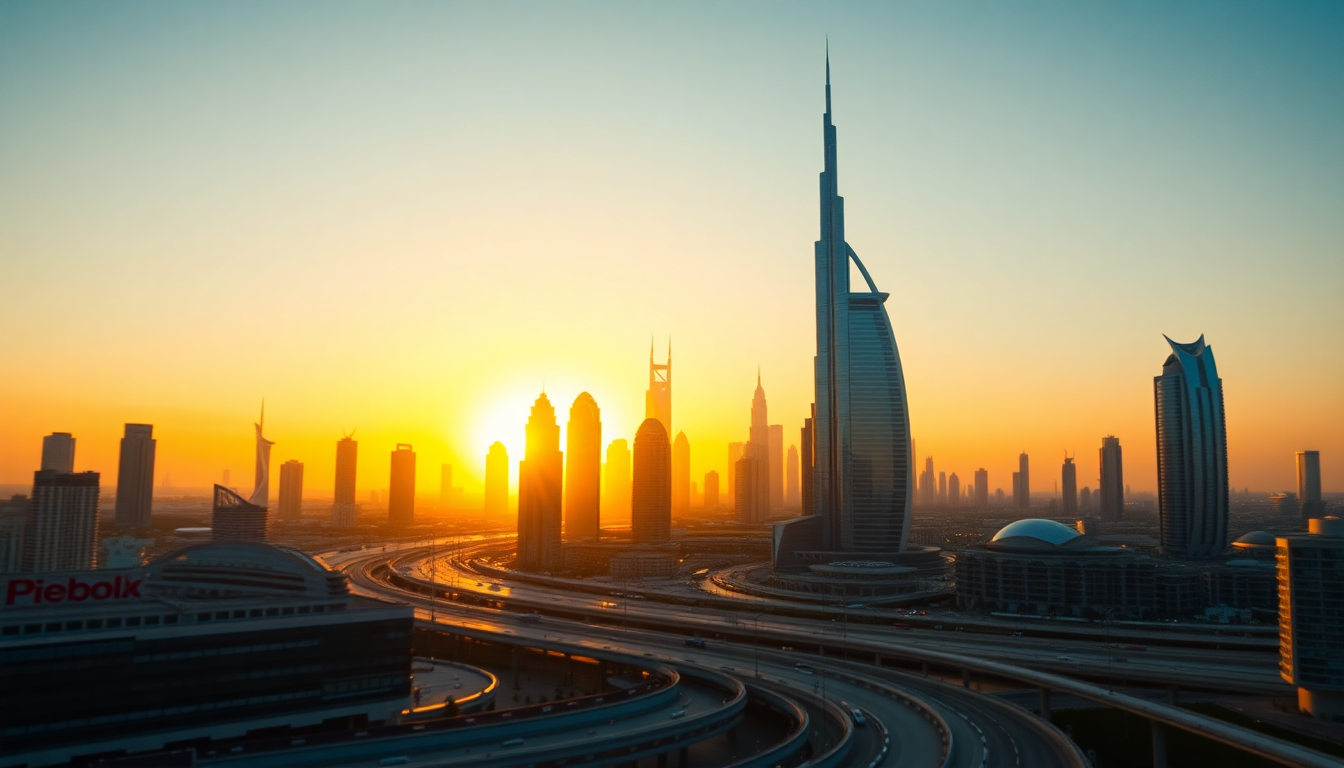 Vibrant Dubai Futuristic Towers at Sunset