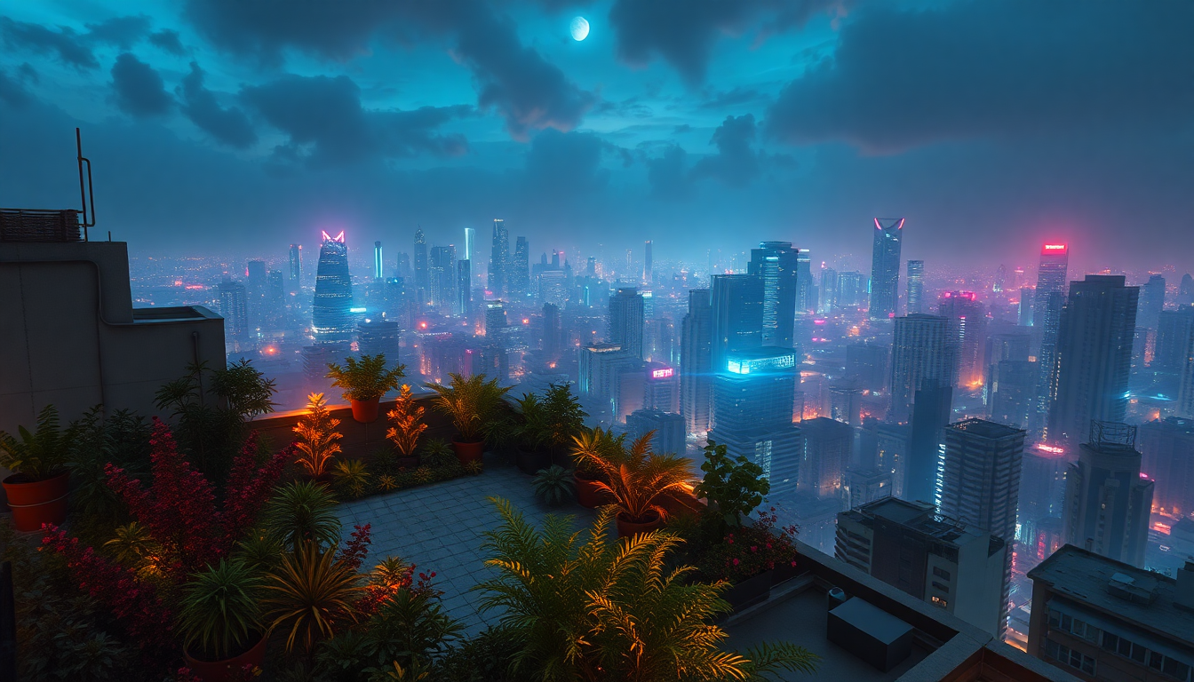 Delicate Rooftop Garden Oasis by Night