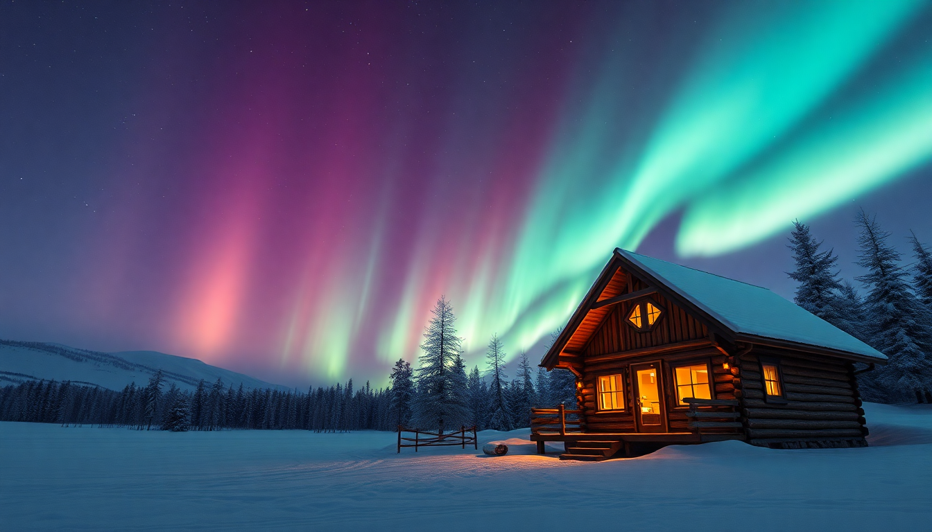 Brilliant Northern Lights Cabin in Winter