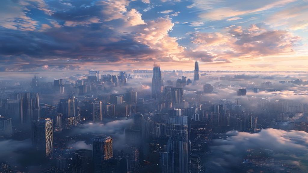 Arcane City Skyscrapers Emerging in the Mist