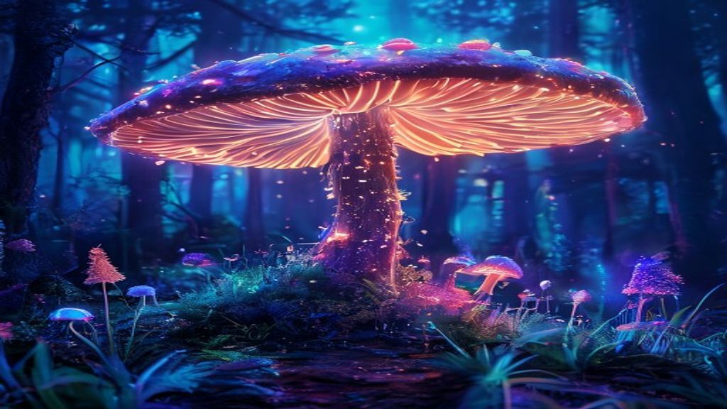 Vivid Bioluminescent Mushroom Forest Glow