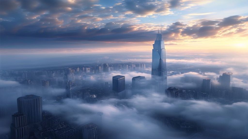 Vast City Skyscrapers Emerging in the Mist