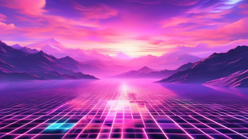 Verdant Vaporwave Grid Mountains at Sunset