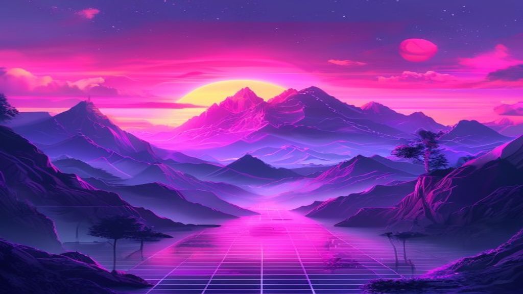 Phenomenal Vaporwave Grid Mountains at Sunset