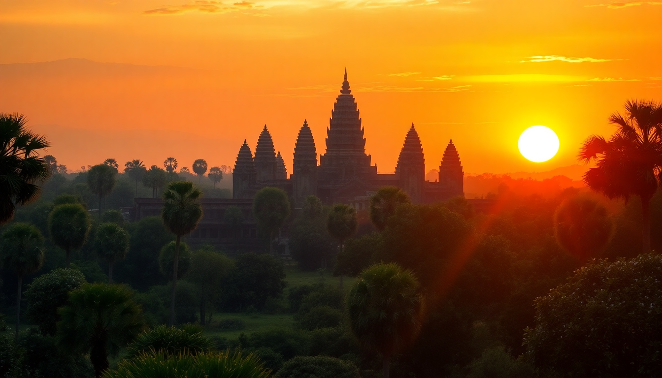 Towering Angkor Wat Wat Temple at Sunrise