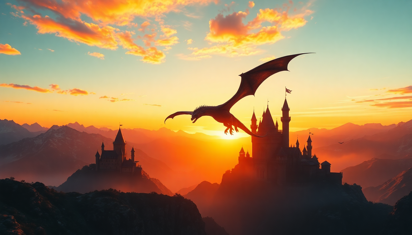 Splendid Dragon Flying Medieval at Sunset