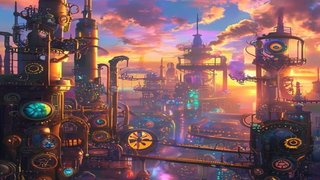 Celestial Steampunk City Brass at Sunset